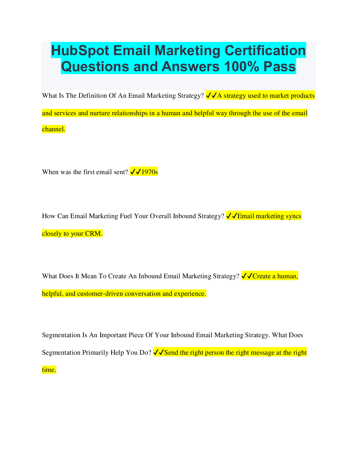 Preview of HubSpot Email Marketing Certification Questions and Answers 100% Pass